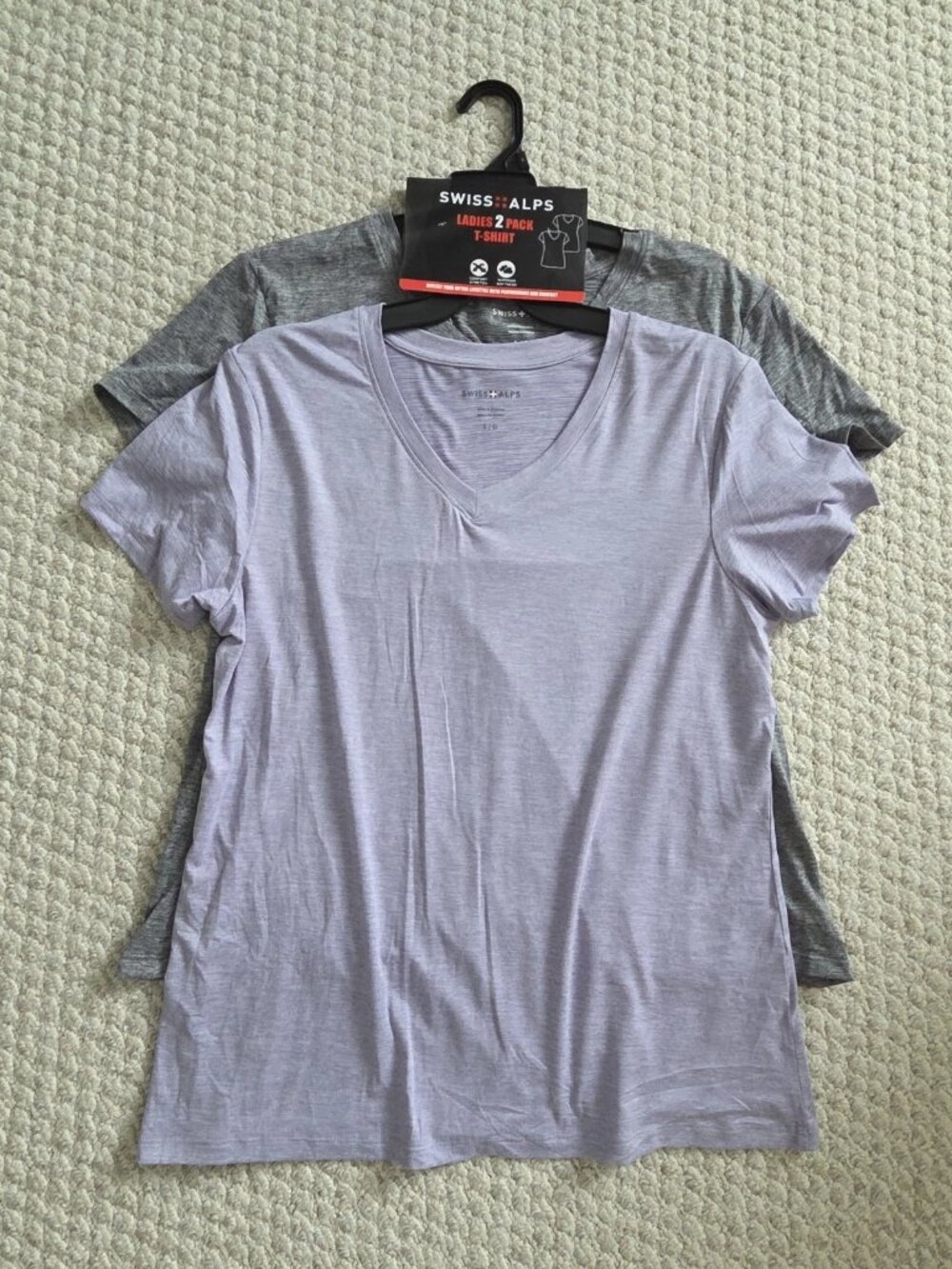 2 Pack Alpine Swiss Women's L Dri-Fit V-Neck Athletic Shirts Purple Gray NWT